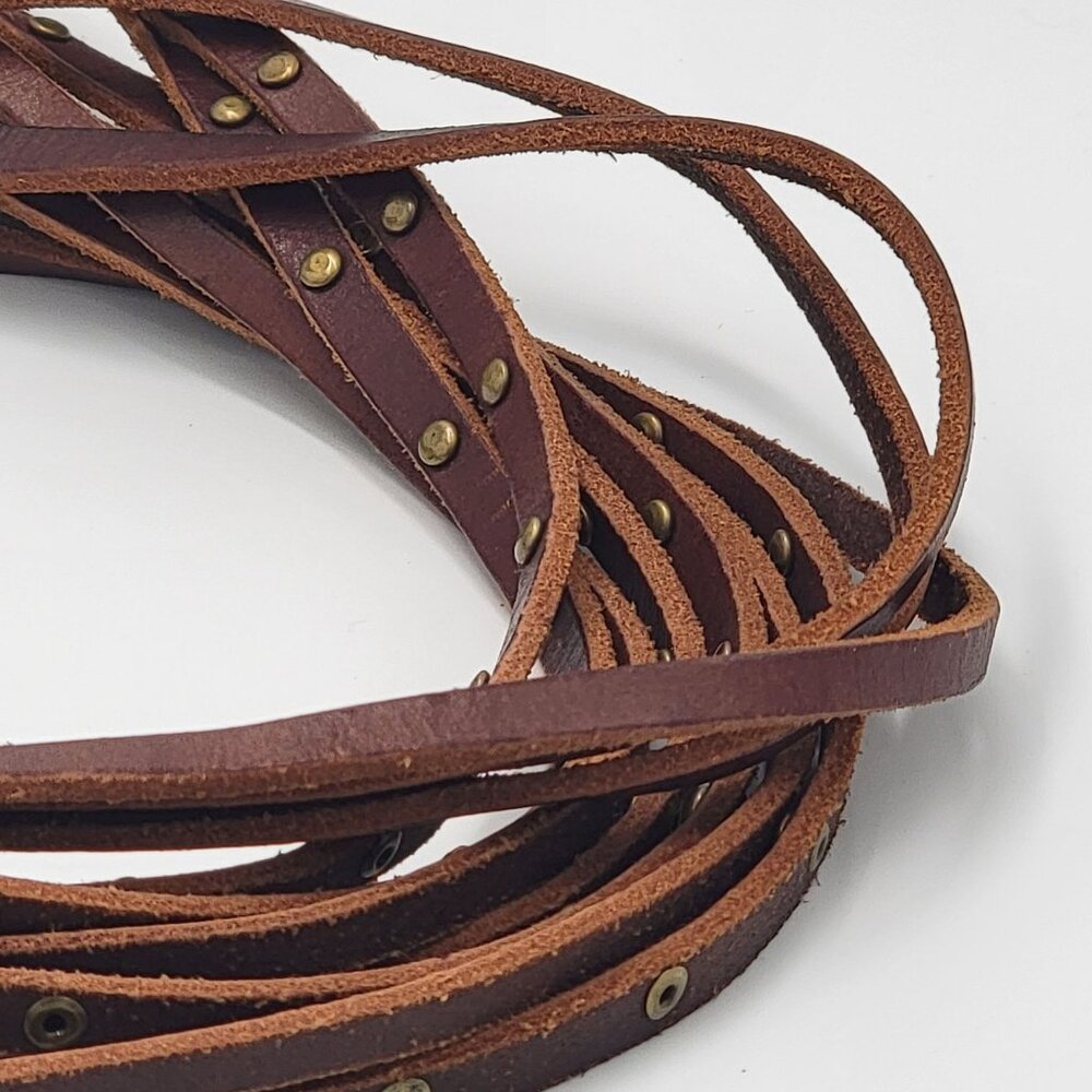 Linea Pelle Brown Boho Leather Multi-Strap Belt With Brass Rivet Accents Adjusta - Picture 7 of 12